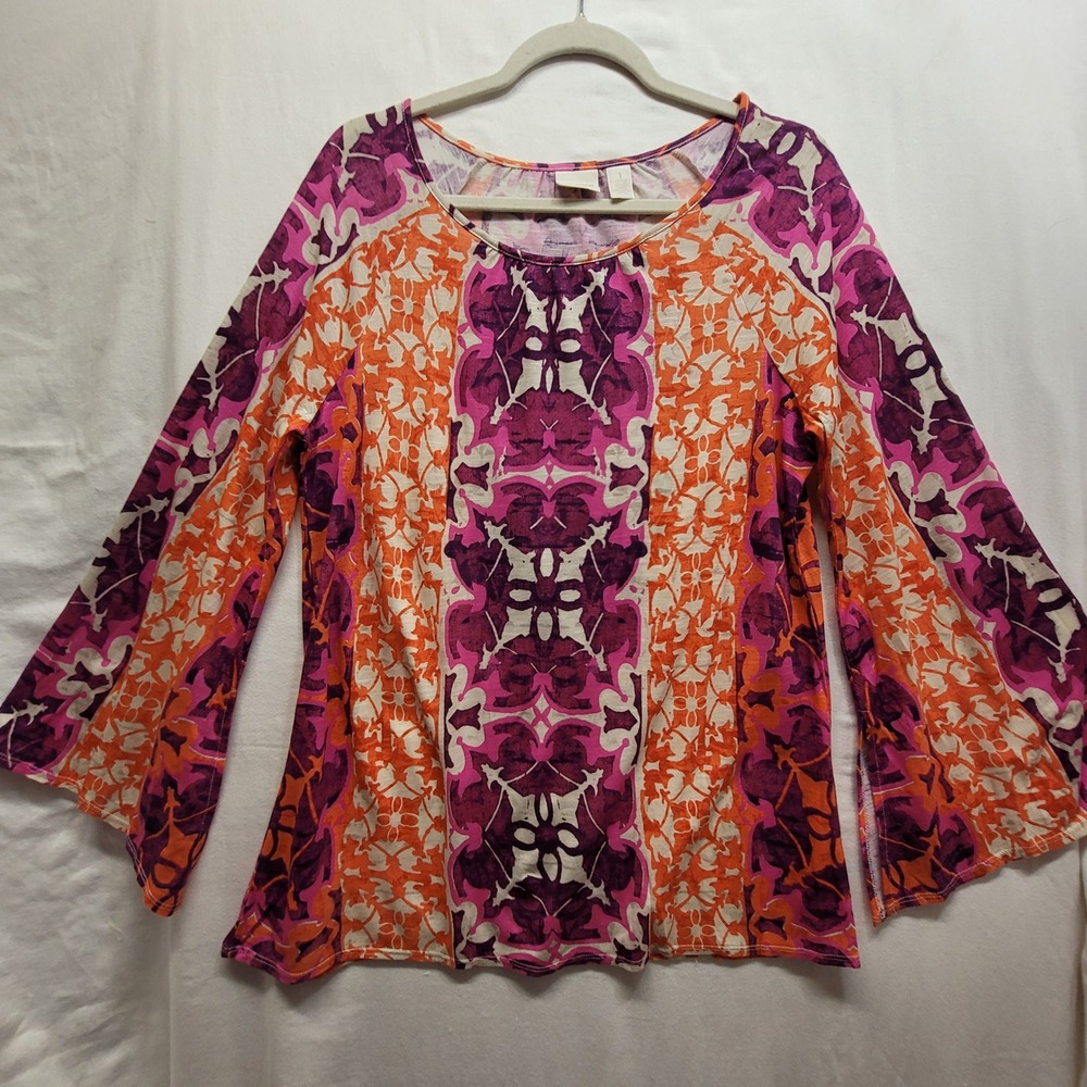 Chicos Mystic Batik Print Flare-Sleeve Top Size 1 US SM Purple Orange Rayon